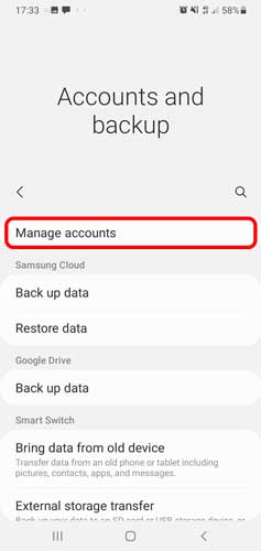 انتخاب گزینه manage Accounts